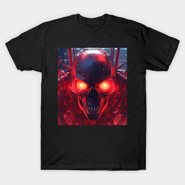 Evil Laughing Cyberpunk Red Neon Skull T-Shirt by Nightarcade